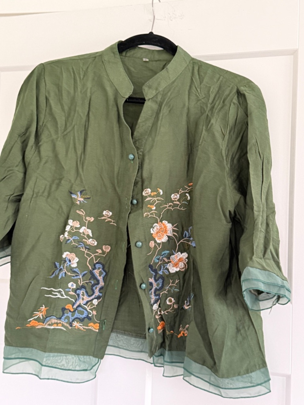 Embroidered Olive Green Mandarin Jacket